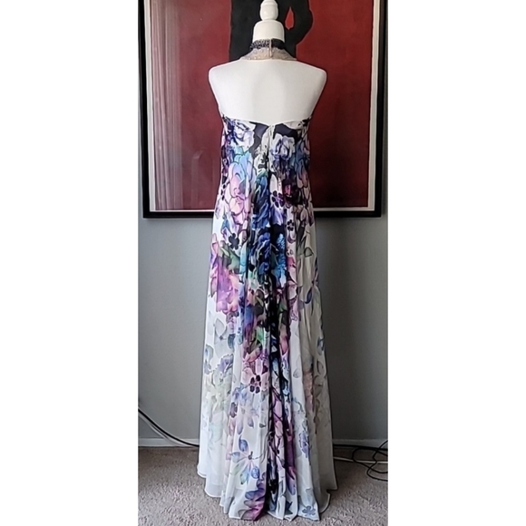 Badgley Mischka Collection Halter Floral Maxi Dress, Size 4, Color White Floral - Picture 6 of 14